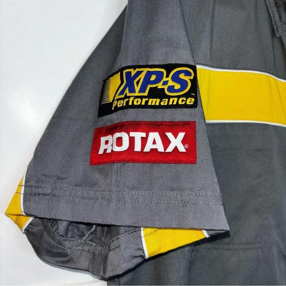 BRP Ski-doo Shirt Men’s Medium Grey Yellow Short Sleeve Button Up Logo Pockets - Picture 7 of 11